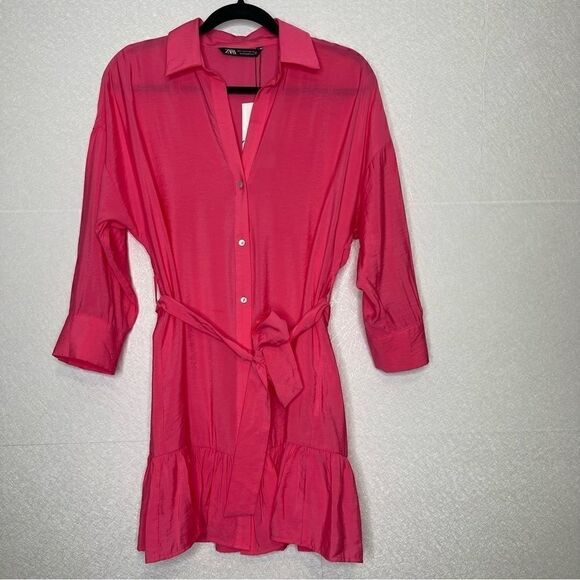 𝅺zara Satin Effect Ruffled Button Front Belted Mini Dress M - Picture 2 of 5